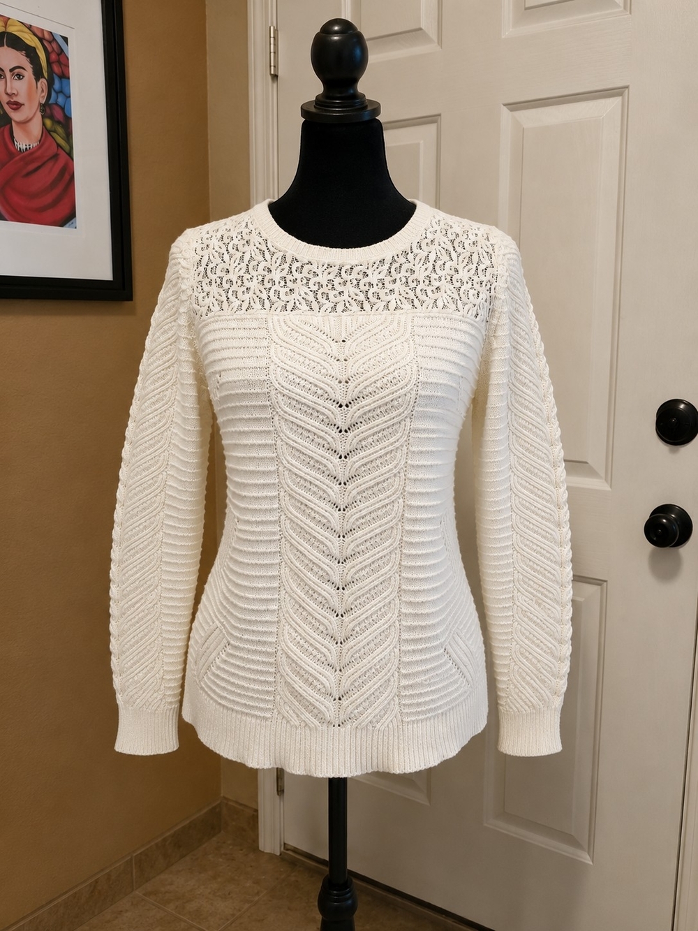LOFT Petites White Open Knit Cable Sweater Size SP Small Petite